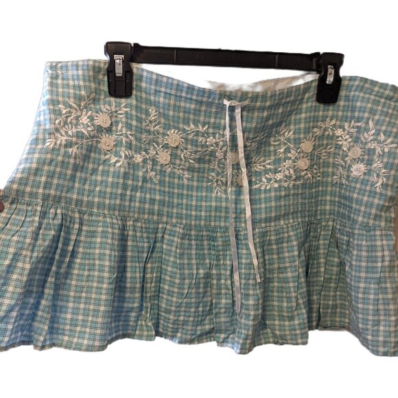 Vintage Y2K Blue Paid Mini Skirt Coquette Embroidered Ribbon Lined Button L - Picture 8 of 9